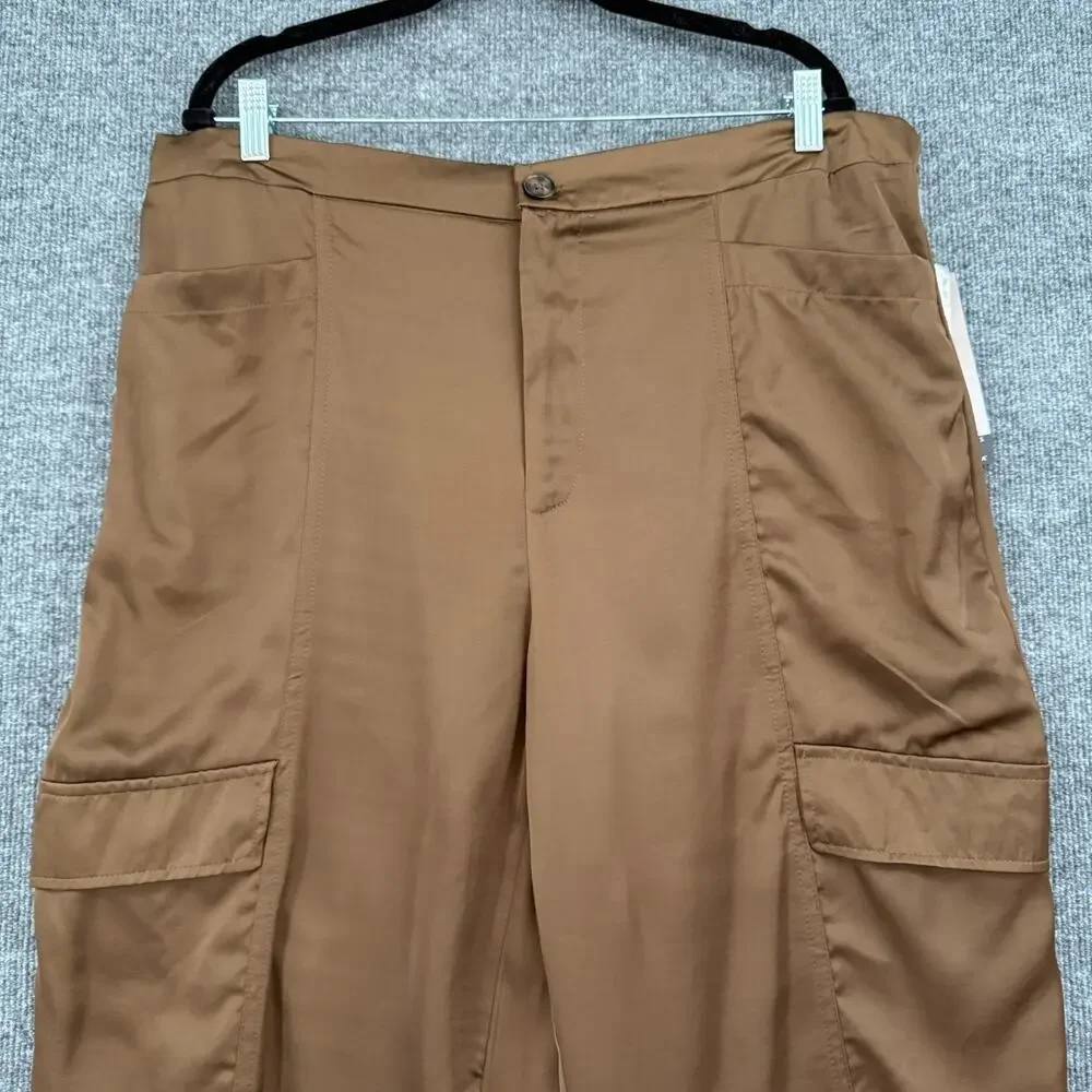 Sofia Vergara Womens Satin Cargo Wide Leg Pants Sz 20 XXL Brown Dressy High Rise